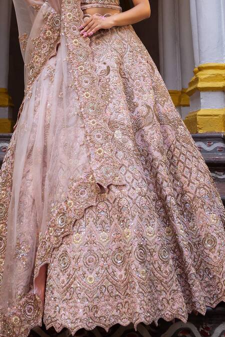 Ruceru_Peach Silk, Organza Pearls, Floral Zardozi Embroidered Bridal Lehenga Set _Online_at_Aza_Fashions