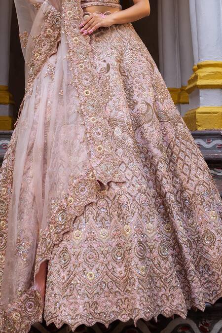 Buy_Ruceru_Peach Silk, Organza Pearls, Floral Zardozi Embroidered Bridal Lehenga Set _Online_at_Aza_Fashions