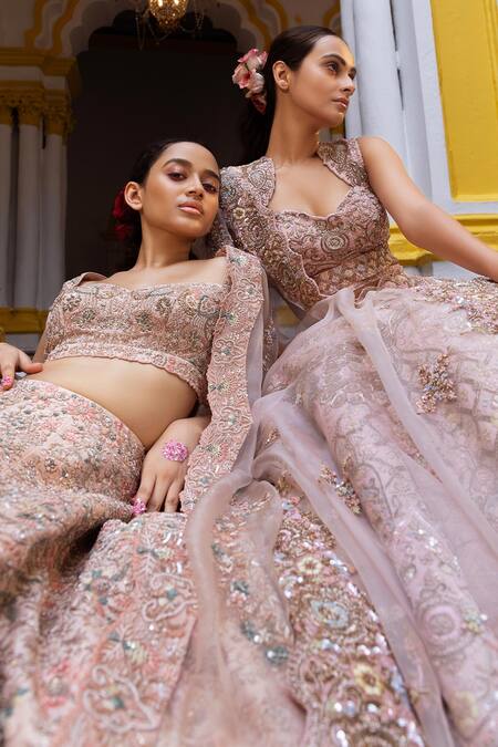 Shop_Ruceru_Peach Silk, Organza Pearls, Floral Zardozi Embroidered Bridal Lehenga Set _Online_at_Aza_Fashions