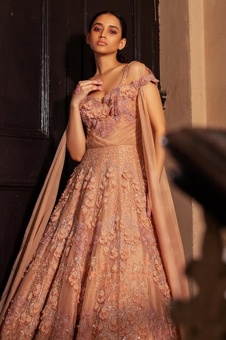 Shop Ruceru Pink Tissue, Organza Pearls, Sequins, 3d Flower Embroidered Cold Shoulder Gown at Aza Fashions Shop_Ruceru_Pink Tissue, Organza Pearls, Sequins, 3d Flower Embroidered Cold Shoulder Gown _at_Aza_Fashions