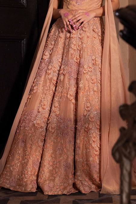 Ruceru Pink Tissue, Organza Pearls, Sequins, 3d Flower Embroidered Cold Shoulder Gown Online at Aza Fashions Ruceru_Pink Tissue, Organza Pearls, Sequins, 3d Flower Embroidered Cold Shoulder Gown _Online_at_Aza_Fashions