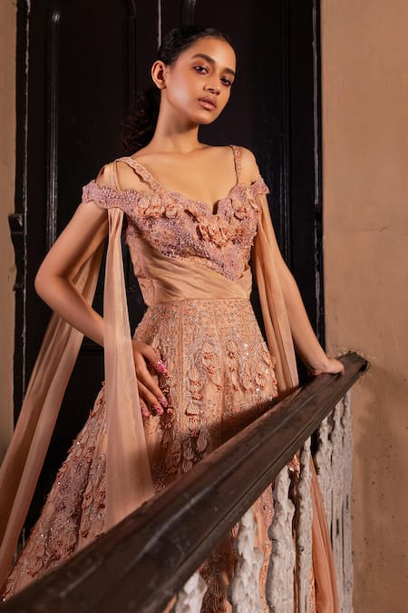 Buy Ruceru Pink Tissue, Organza Pearls, Sequins, 3d Flower Embroidered Cold Shoulder Gown Online at Aza Fashions Buy_Ruceru_Pink Tissue, Organza Pearls, Sequins, 3d Flower Embroidered Cold Shoulder Gown _Online_at_Aza_Fashions