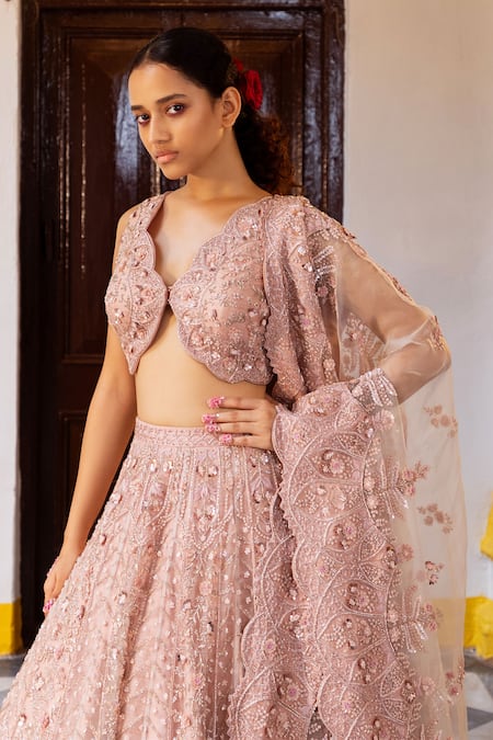 Ruceru_Pink Silk, Organza Pearls, Sequins, Embroidery Zardozi Floral 3d Lehenga Set _Online_at_Aza_Fashions
