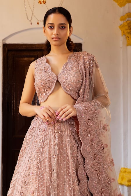 Buy_Ruceru_Pink Silk, Organza Pearls, Sequins, Embroidery Zardozi Floral 3d Lehenga Set _Online_at_Aza_Fashions