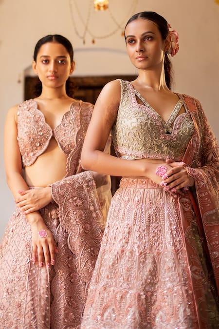 Shop_Ruceru_Pink Silk, Organza Pearls, Sequins, Embroidery Zardozi Floral 3d Lehenga Set _Online_at_Aza_Fashions