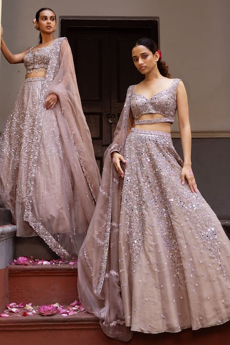 Ruceru Cutdana Embroidered Floral Vine Lehenga Set 