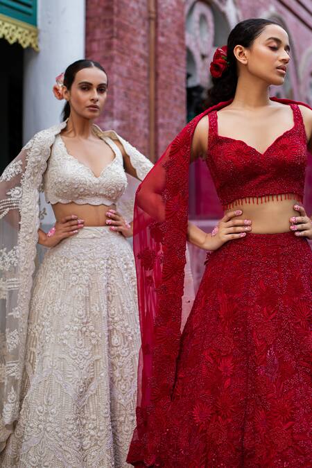 Shop_Ruceru_Red Organza, Taffeta Cut Work, Sequins, Cutdana Embroidered Bridal Lehenga Set _Online_at_Aza_Fashions
