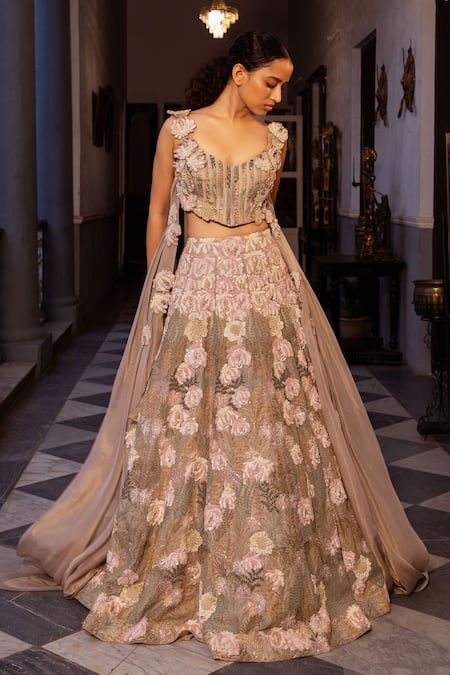 Ruceru Floral Embroidered Lehenga Set With Corset Blouse 