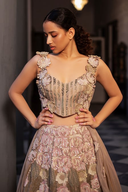 Ruceru_Peach Tissue, Organza Cut Work, Sequins, Floral Lehenga Set With Corset Blouse _Online_at_Aza_Fashions
