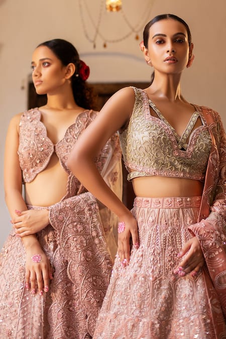 Ruceru_Green Organza, Taffeta Cut Work, Pearls, Zardozi 3d Embroidered Lehenga Set _Online_at_Aza_Fashions