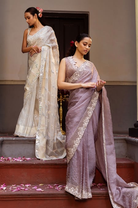 Ruceru Cutwork Floral Embroidered Saree Set 