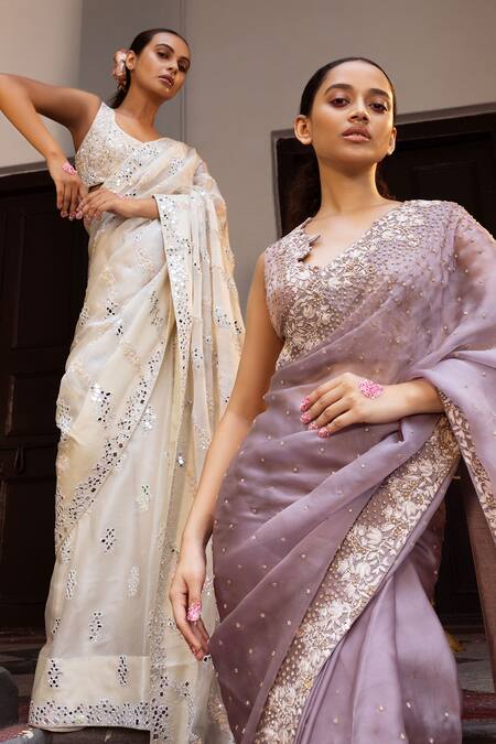 Ruceru_Purple Silk Organza Cut Work, Stones, Embroidery Cutwork Floral Saree Set _Online_at_Aza_Fashions