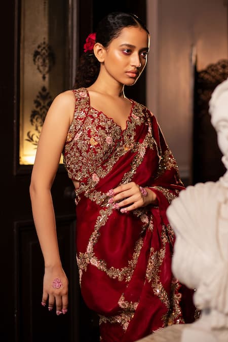 Ruceru Zardozi Floral Checkered Saree Set 