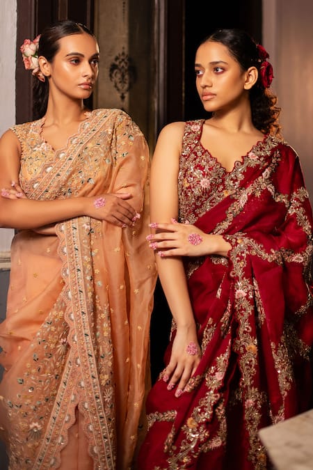 Buy_Ruceru_Red Silk Organza Zari, Sequins, Pearls, Zardozi Floral Checkered Saree Set _Online_at_Aza_Fashions