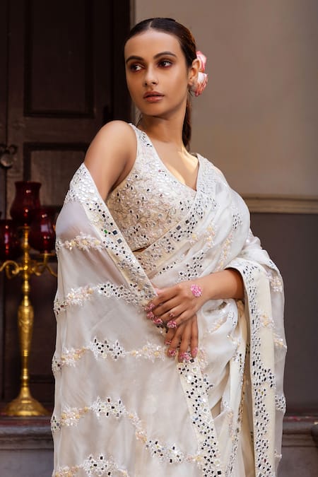 Buy Ruceru Ivory Silk Organza Mirrors, Sequins, Pearls, Beads, Embroidery Saree With Blouse Online at Aza Fashions Buy_Ruceru_Ivory Silk Organza Mirrors, Sequins, Pearls, Beads, Embroidery Saree With Blouse _Online_at_Aza_Fashions
