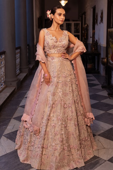 Ruceru Floral Vine Embroidered Bridal Lehenga Set 