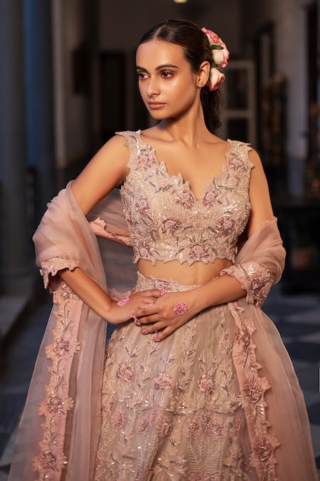 Ruceru_Coral Tissue, Organza Sequins, Embroidery, Cut Work V-neck Vine Lehenga Set _Online_at_Aza_Fashions