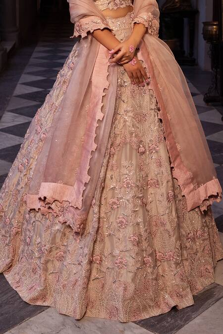 Buy_Ruceru_Coral Tissue, Organza Sequins, Embroidery, Cut Work V-neck Vine Lehenga Set _Online_at_Aza_Fashions