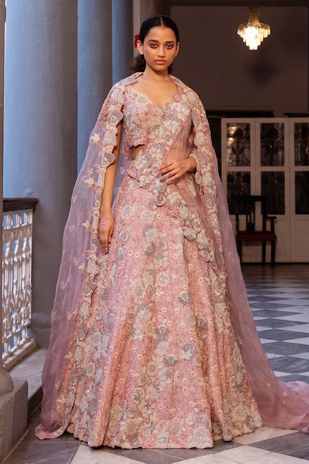 Ruceru Floral Vine Zardozi Embroidered Bridal Lehenga Set 