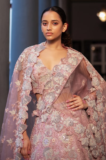 Ruceru Pink Organza, Taffeta Sequins, Cut Work, Floral Vine Zardozi Lehenga Set Online at Aza Fashions Ruceru_Pink Organza, Taffeta Sequins, Cut Work, Floral Vine Zardozi Lehenga Set _Online_at_Aza_Fashions