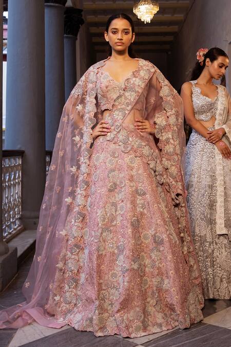 Shop Ruceru Pink Organza, Taffeta Sequins, Cut Work, Floral Vine Zardozi Lehenga Set Online at Aza Fashions Shop_Ruceru_Pink Organza, Taffeta Sequins, Cut Work, Floral Vine Zardozi Lehenga Set _Online_at_Aza_Fashions