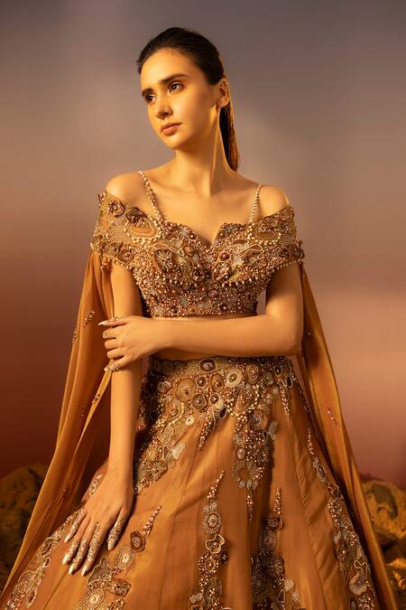 Ruceru_Brown Tissue, Organza Beads, Pearls, Embroidery Ambrosia Lehenga Set _Online_at_Aza_Fashions