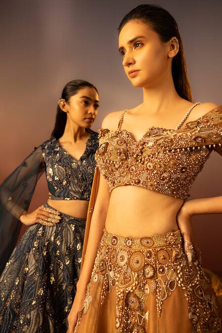 Shop_Ruceru_Brown Tissue, Organza Beads, Pearls, Embroidery Ambrosia Lehenga Set _Online_at_Aza_Fashions