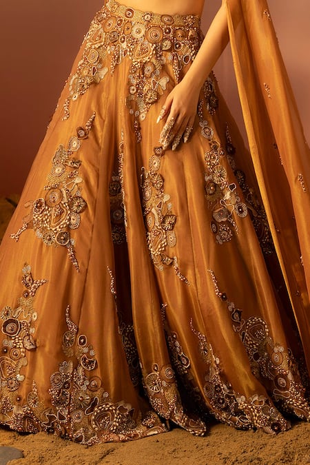 Ruceru_Brown Tissue, Organza Beads, Pearls, Embroidery Ambrosia Lehenga Set _at_Aza_Fashions
