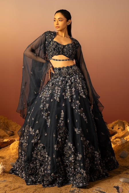 Ruceru 3D Ivy Bloom Embroidered Cape & Lehenga Set 