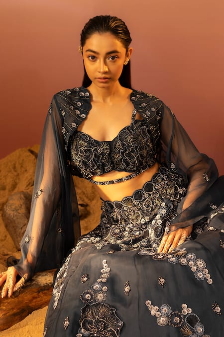 Buy_Ruceru_Blue Silk Organza Beads, Sequins 3d Ivy Bloom Embroidered Cape And Lehenga Set _Online_at_Aza_Fashions
