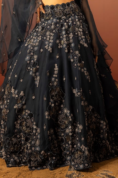 Shop_Ruceru_Blue Silk Organza Beads, Sequins 3d Ivy Bloom Embroidered Cape And Lehenga Set _Online_at_Aza_Fashions