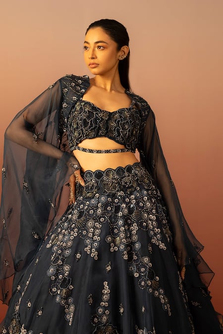 Ruceru 3D Ivy Bloom Embroidered Cape & Lehenga Set 