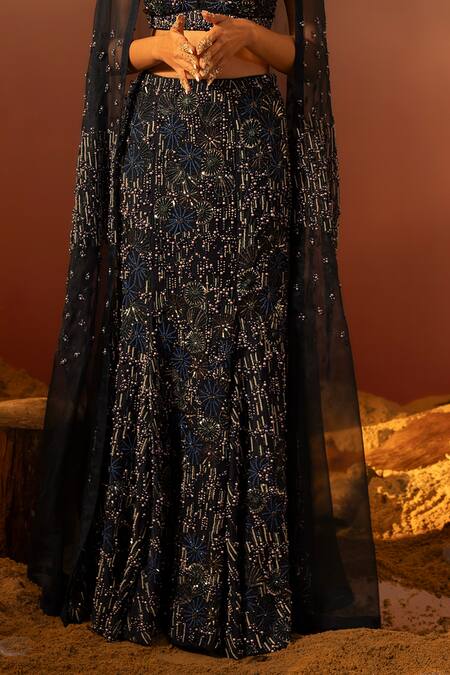 Buy Ruceru Blue Silk Satin, Organza Sequins, Marine Bloom Embroidered Cape And Lehenga Set Online at Aza Fashions Buy_Ruceru_Blue Silk Satin, Organza Sequins, Marine Bloom Embroidered Cape And Lehenga Set _Online_at_Aza_Fashions