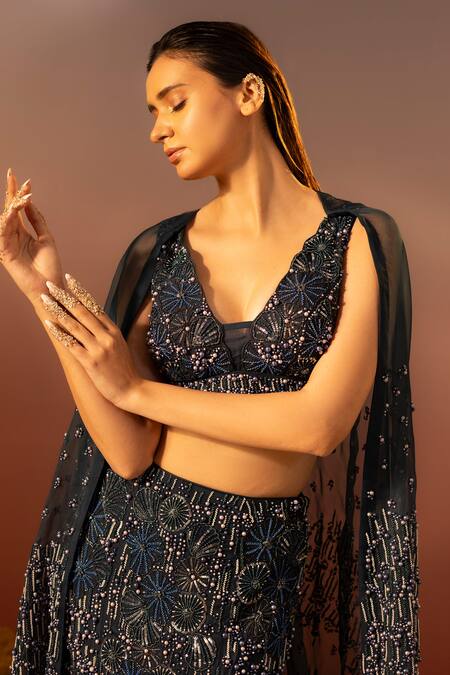Shop_Ruceru_Blue Silk Satin, Organza Sequins, Marine Bloom Embroidered Cape And Lehenga Set _Online_at_Aza_Fashions
