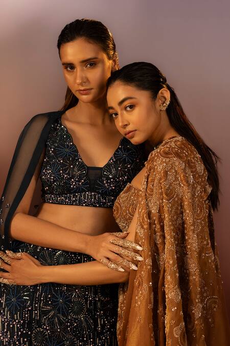 Ruceru_Blue Silk Satin, Organza Sequins, Marine Bloom Embroidered Cape And Lehenga Set _at_Aza_Fashions