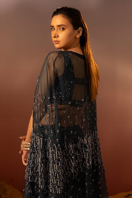 Ruceru Marine Bloom Embroidered Cape & Lehenga Set 