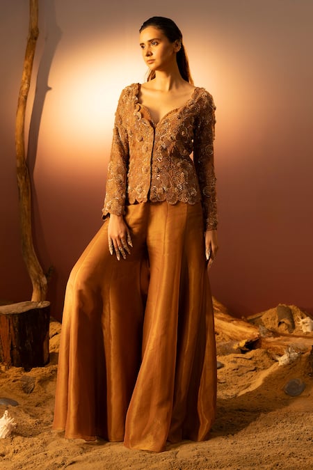 Ruceru Sequin Bloom Embroidered Jacket & Sharara Set 