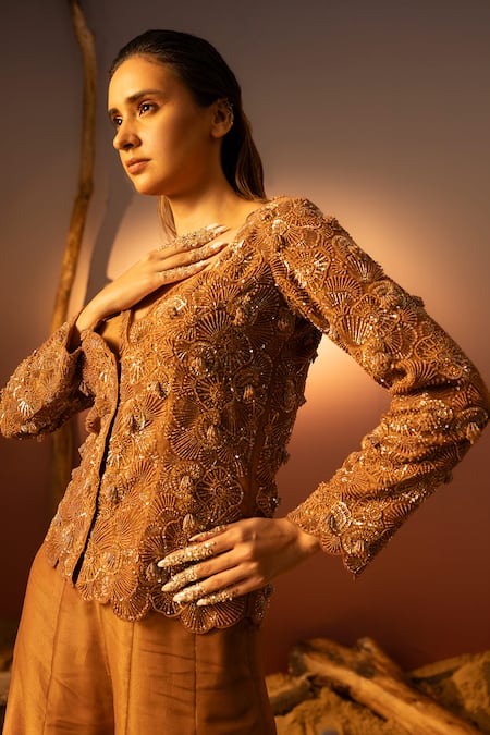 Buy_Ruceru_Brown Tissue, Organza Sequins, Beads Sweetheart Embroidered Jacket And Sharara Set _Online_at_Aza_Fashions