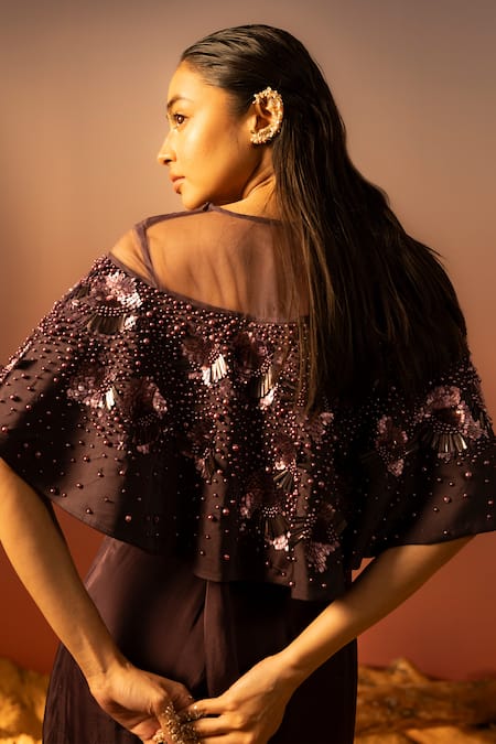 Ruceru Draped Capelet Gown With Sequin Embroidery 