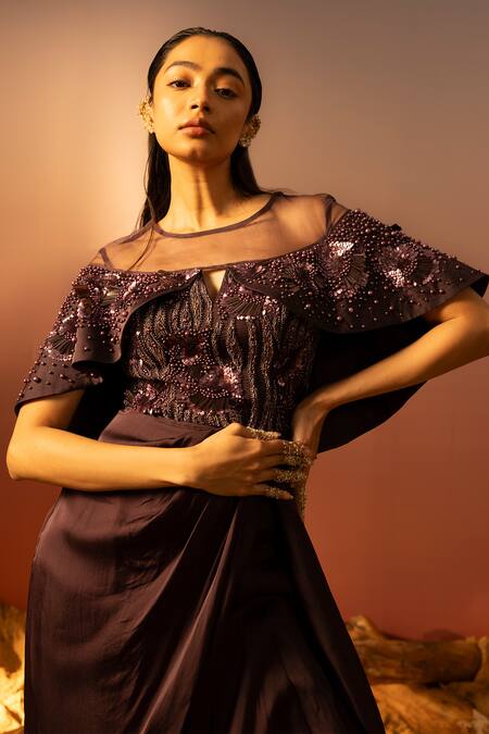 Buy_Ruceru_Purple Silk Satin Sequins, Beads Round Neck Draped Capelet Gown With Embroidery _Online_at_Aza_Fashions