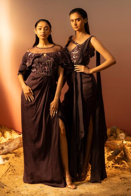 Ruceru_Purple Silk Satin Sequins, Beads Round Neck Draped Capelet Gown With Embroidery _at_Aza_Fashions