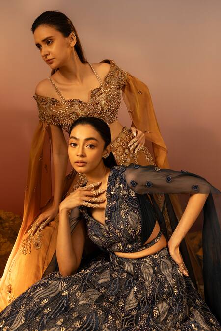 Ruceru_Blue Silk Organza Sequins, Beads, Embroidery V-neck Floret Lehenga Set _Online_at_Aza_Fashions