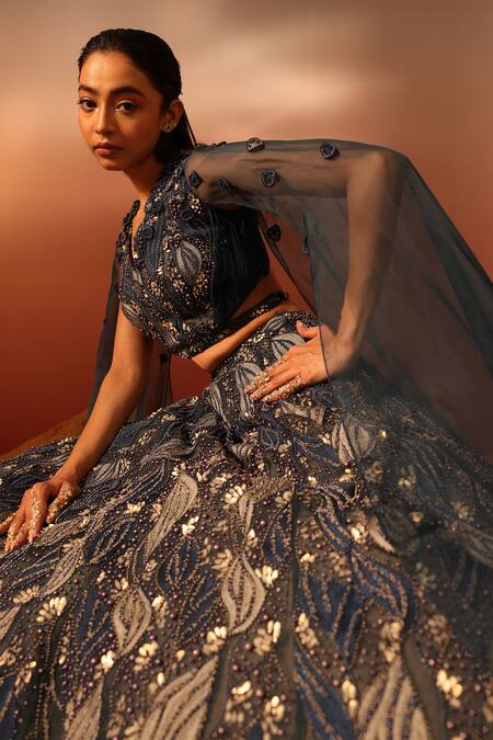 Ruceru Floret Embroidered Blue Lehenga Set 