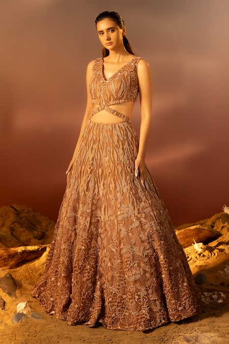 Ruceru Pearl & Bead Embroidered Attached Drape Gown 