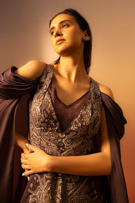 Ruceru_Purple Organza, Silk Satin Beads Blossom Embroidered Gown With Draped Sleeves _Online_at_Aza_Fashions