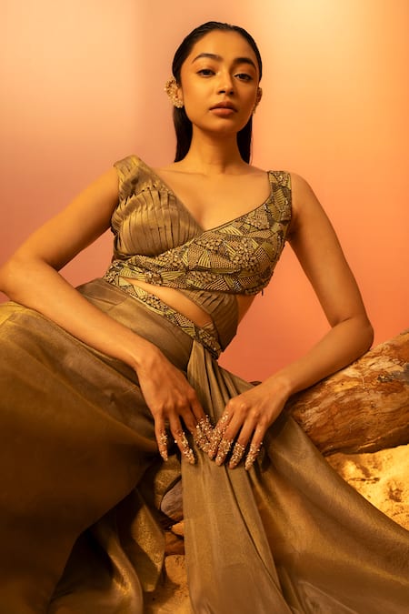 Ruceru_Green Silk Stones V-neck Mosaic Embroidered Draped Gown _Online_at_Aza_Fashions