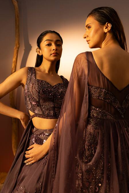 Buy_Ruceru_Purple Silk Satin Pearls, Sequins, Beads, Cut Abstract Hand Lehenga And Blouse _Online_at_Aza_Fashions