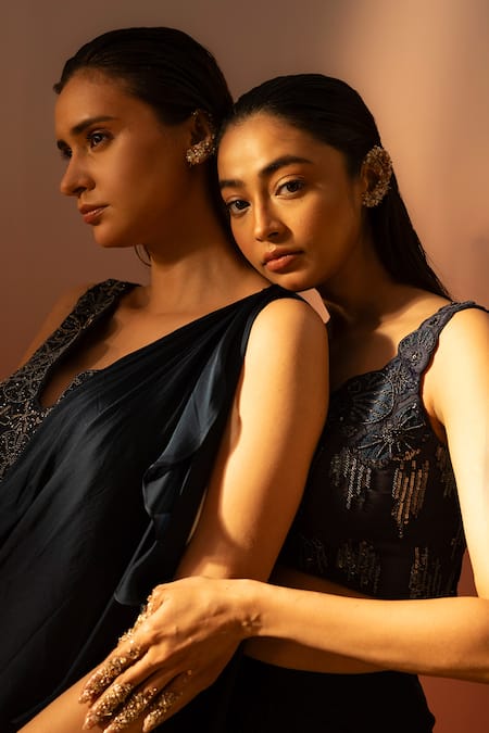 Ruceru_Navy Silk Satin Cut Work Plunge Neck Cutdana Hand Embroidered Pre-draped Saree _Online_at_Aza_Fashions