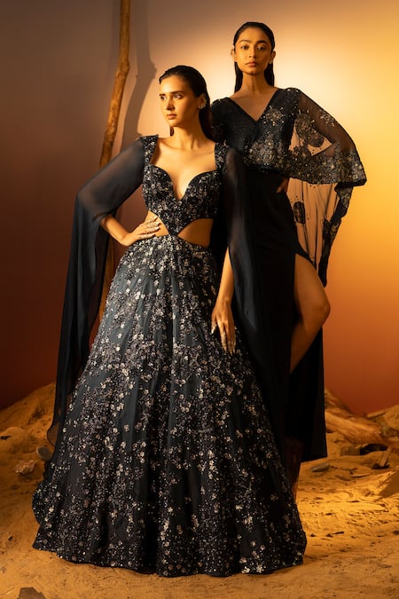 Ruceru_Blue Silk Organza Cut Work Sweetheart Neck Navy Cut-out Embroidered Gown _Online_at_Aza_Fashions