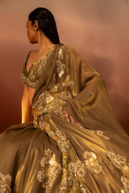 Buy_Ruceru_Green Tissue, Silk Organza Pearls, Beads, Sequins, Floral Hand Lehenga Set _Online_at_Aza_Fashions